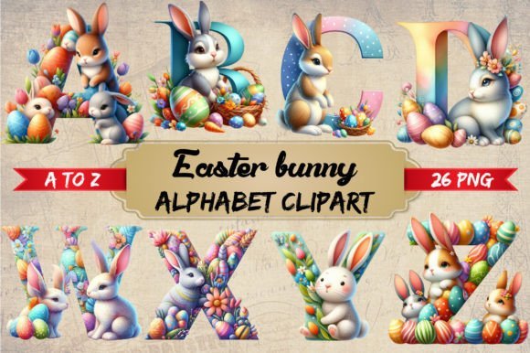 Watercolor Easter Bunny Alphabet Clipart